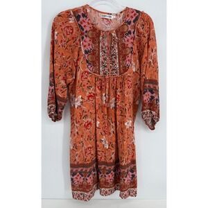 Temofon Orange Floral Boho Tunic Dress Womens Sz L 3/4 Sleeve Babydoll Mini